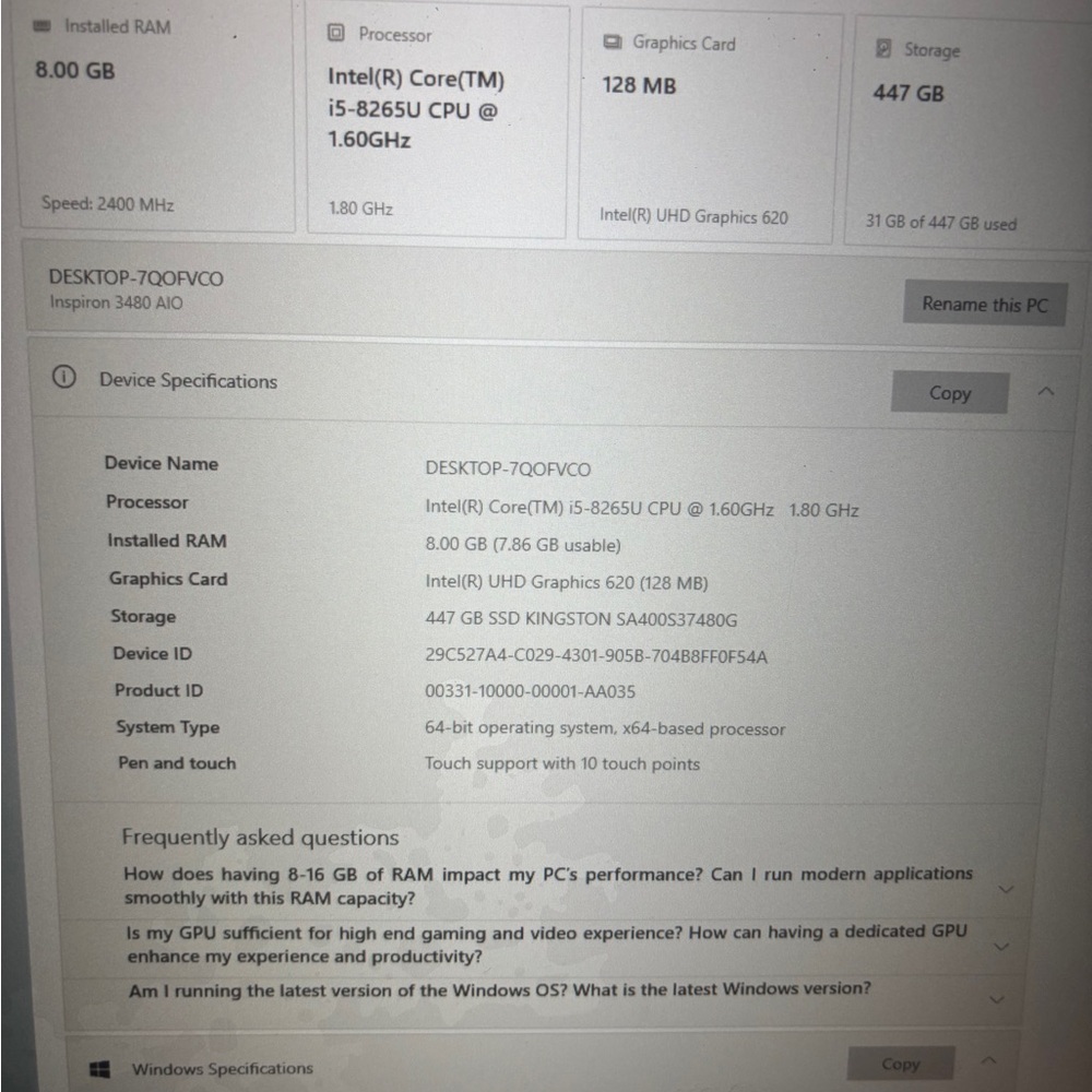 LIKE NEW-Dell Inspiron 3480 Desktop - Black